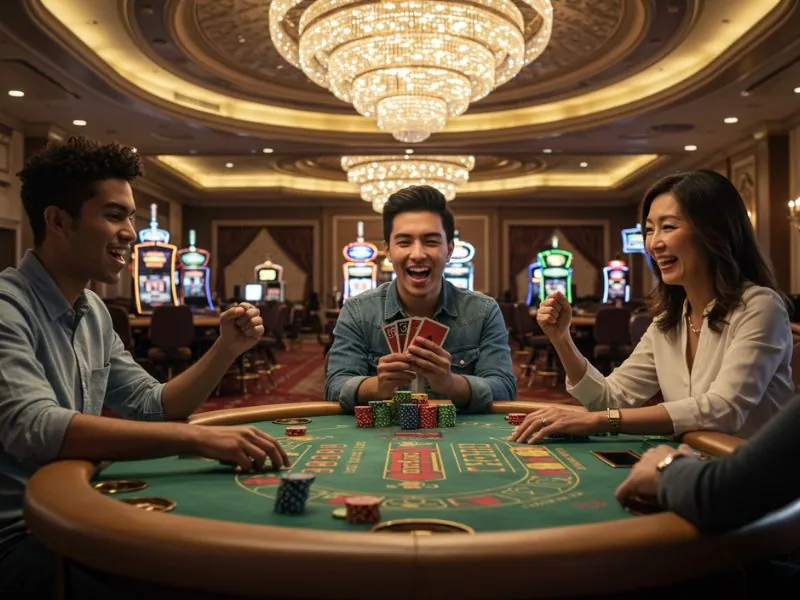 Happy friends gleefully cheer for their winning at PHKilig Online Casino.