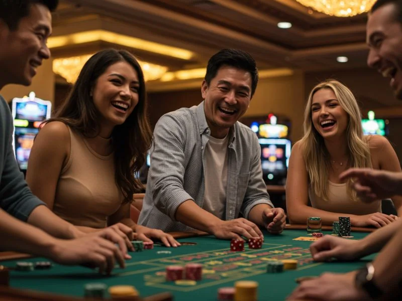 Happy players laughing while bluffing in a card game at Teddy Casino.