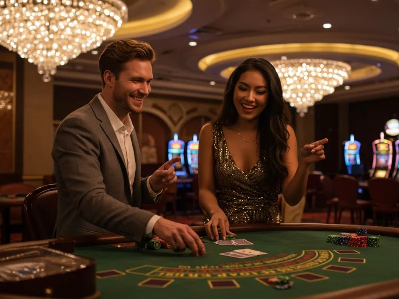 Happy couple enjoying playing casino games together at Winhq.com Casino.