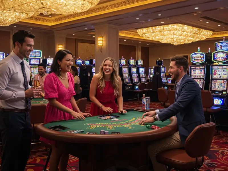 Happy friends enjoying a card game together at Y777 Online Casino.