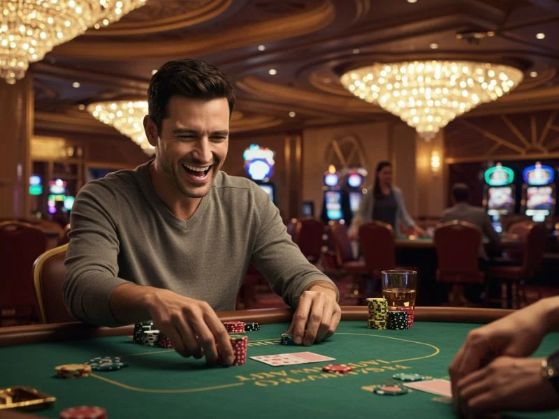 Happy man excitedly playing casino games at Y777 Online Casino.