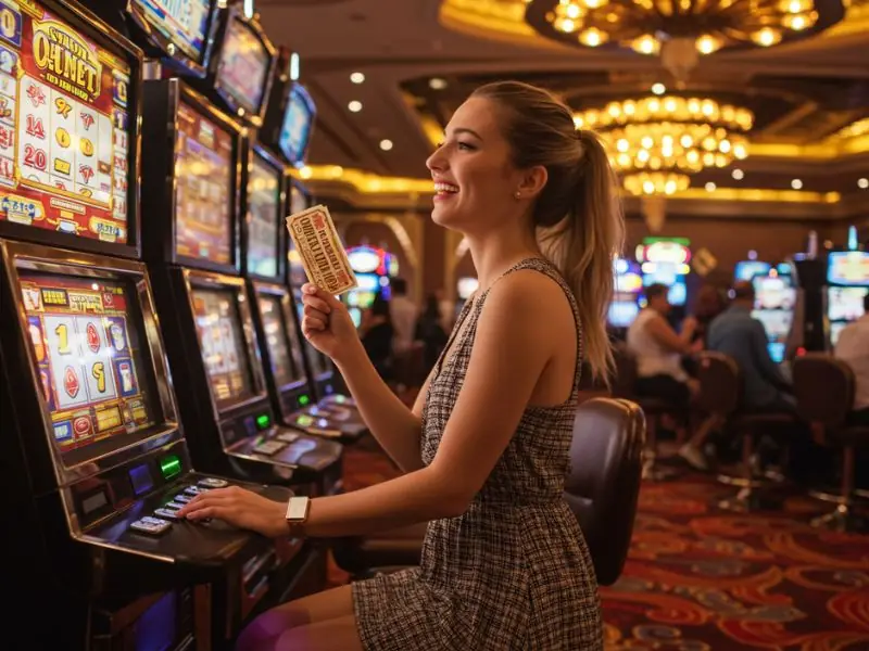 Happy pretty woman holding her winning ticket at Y777 Online Casino.