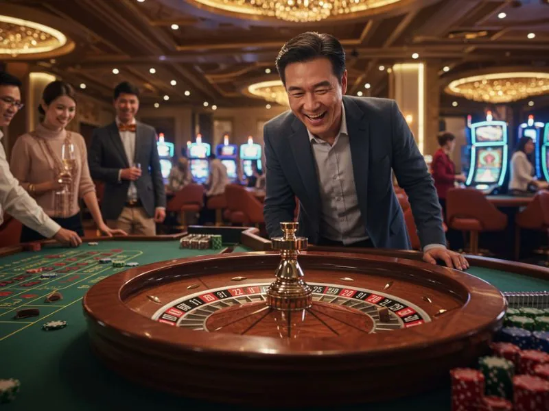 Man gleefully playing roulette at Y777 Online Casino.