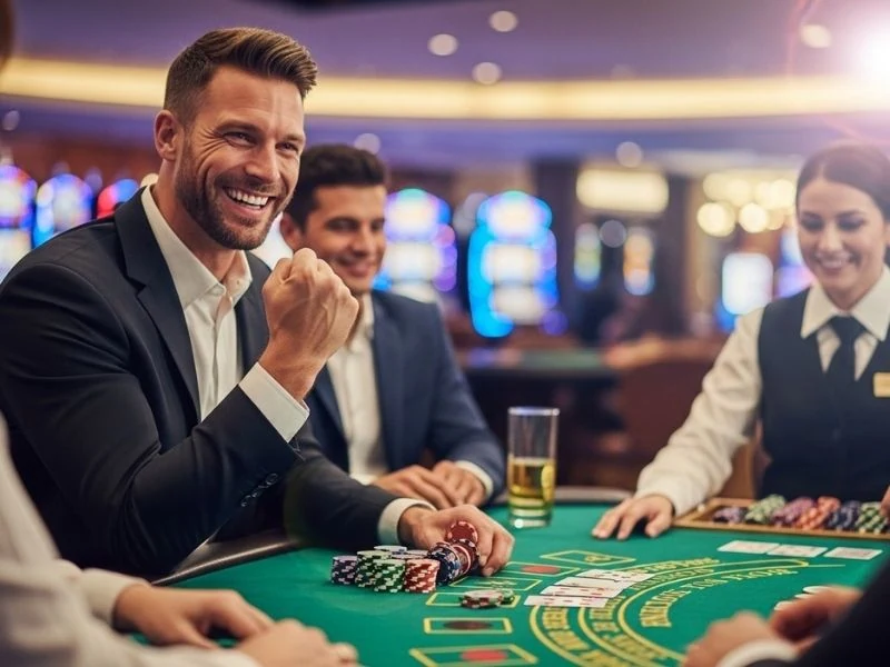 37jl casino man leaning back after lucky blackjack win enjoying a relaxed and satisfying gaming moment after a rewarding victory