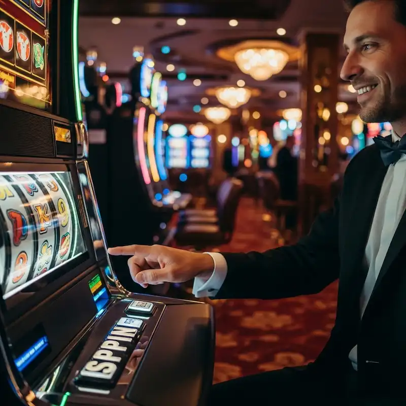Joyful casino player focused on spinning slot machine reels at Aeowin Casino.