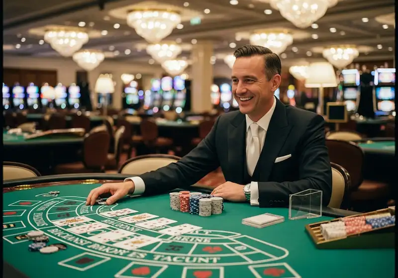 Excited casino guest winning a baccarat game at Casino Filipino Malate, holding chips and smiling confidently.