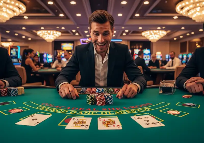 Happy winning player smiling while playing blackjack at Casino Plus Free 100 table.