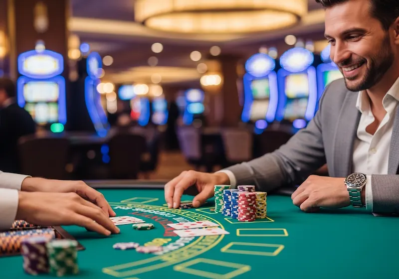 Excited smiling gambler celebrating a blackjack victory at Casino Plus Free 100.