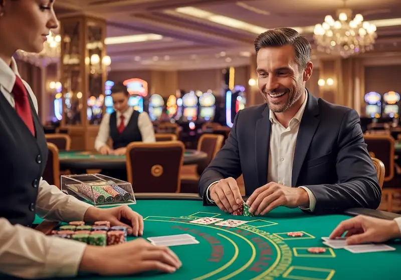 Smiling casino player holding winning cards during blackjack at Casino Plus Free 100.