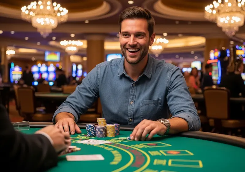 Winning blackjack player celebrating with chips at Casino Plus Free 100 table.