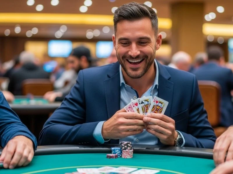 Casino street man enjoying the stress free and entertaining play while relaxed in a fun and engaging gaming atmosphere