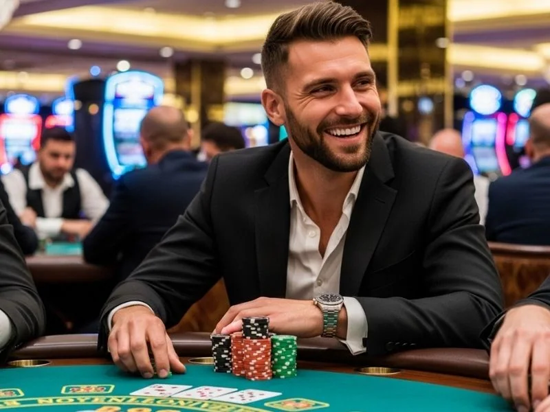 Casino street man with positive and optimistic attitude enjoying a confident and uplifting gaming moment in a lively atmosphere