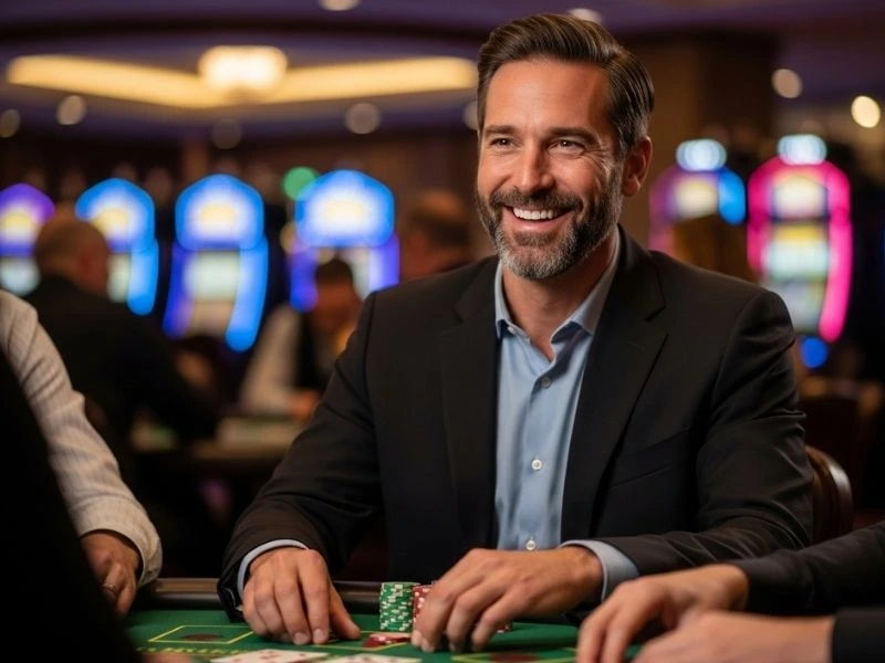 Golden dragon casino man with relaxed yet focused mindset enjoying a calm, confident, and strategic gaming moment at the table