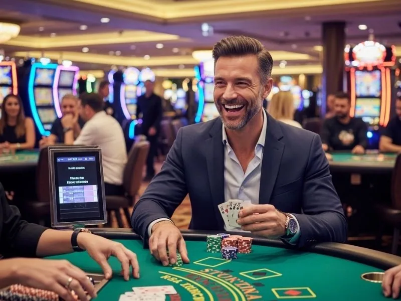 Jk4 casino happy players laughing while bluffing in a card game enjoying a lively, social, and strategic gaming moment together