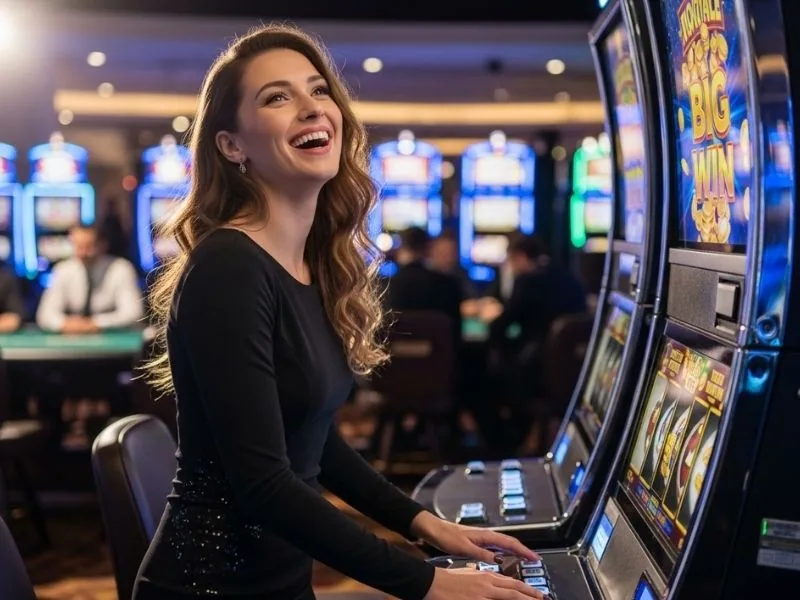 Pera57 casino woman celebrating a big slot win enjoying an exciting and joyful gaming victory moment