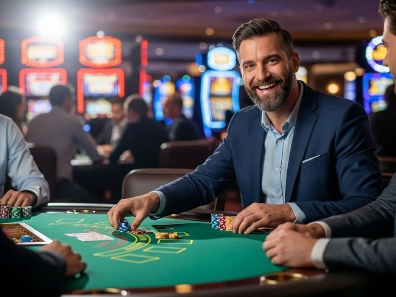 Ph11 casino login man holding a stack of casino chips while enjoying a confident and rewarding gaming moment