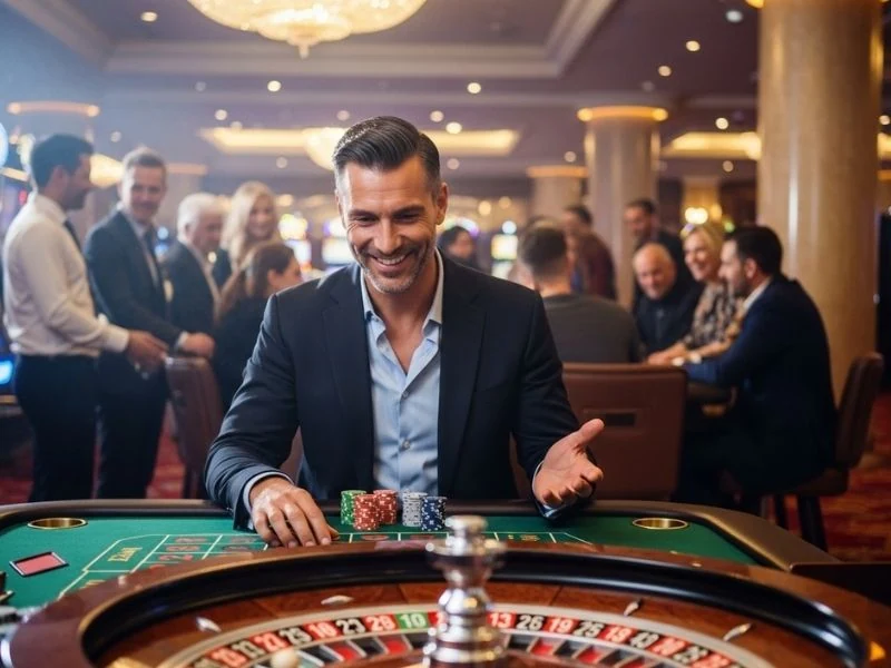 Ph11 casino login man waiting for roulette wheel to stop while focused on a suspenseful and exciting gaming moment