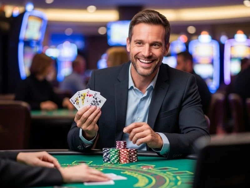 Ph222 casino man smiling while holding playing cards enjoying a confident and engaging gaming moment at the table