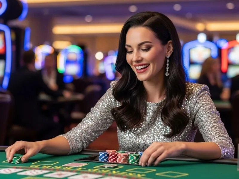 Ph222 casino woman happily placing bet enjoying a cheerful and confident gaming moment at the table