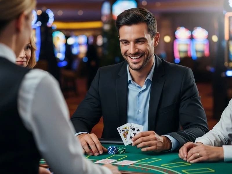 Phjoy casino man smiling while holding playing cards enjoying a confident and engaging gaming moment at the table