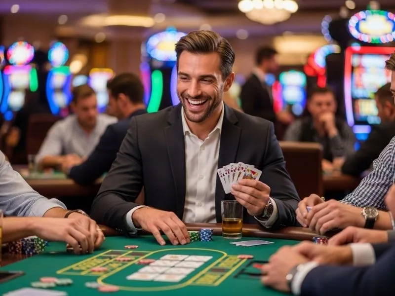 Rich9 casino login smiling with confidence after hitting the jackpot enjoying a proud and exciting gaming victory moment