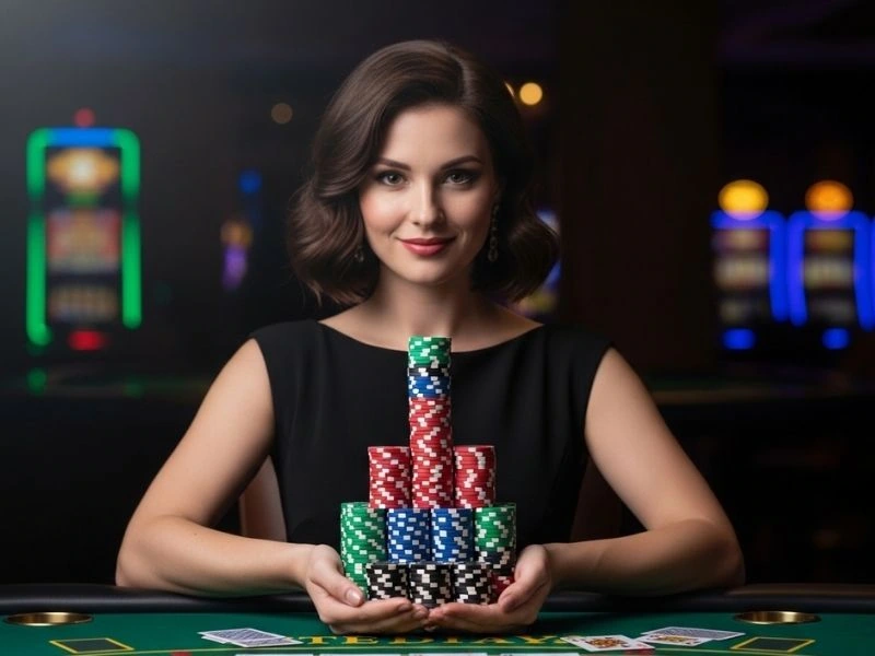 Royal 888 casino com register woman holding a stack of casino chips while enjoying a confident and rewarding gaming moment