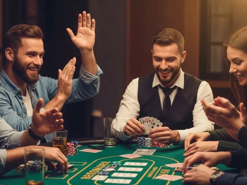 S5 casino free 51 buddy clapping as dealer reveals winning hand while celebrating an exciting and rewarding table game victory