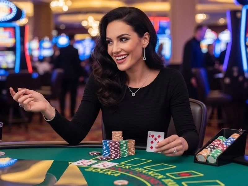 S5 casino free woman confidently going all in at poker table showing focus, courage, and a strong strategic gaming moment