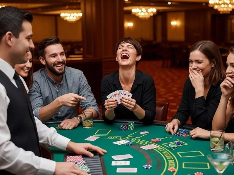Superace88 casino group laughing while playing blackjack together enjoying a lively, social, and entertaining table game moment