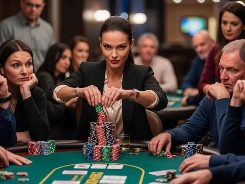 Superace88 casino woman confidently going all in at poker table showing focus, courage, and a strong strategic gaming moment