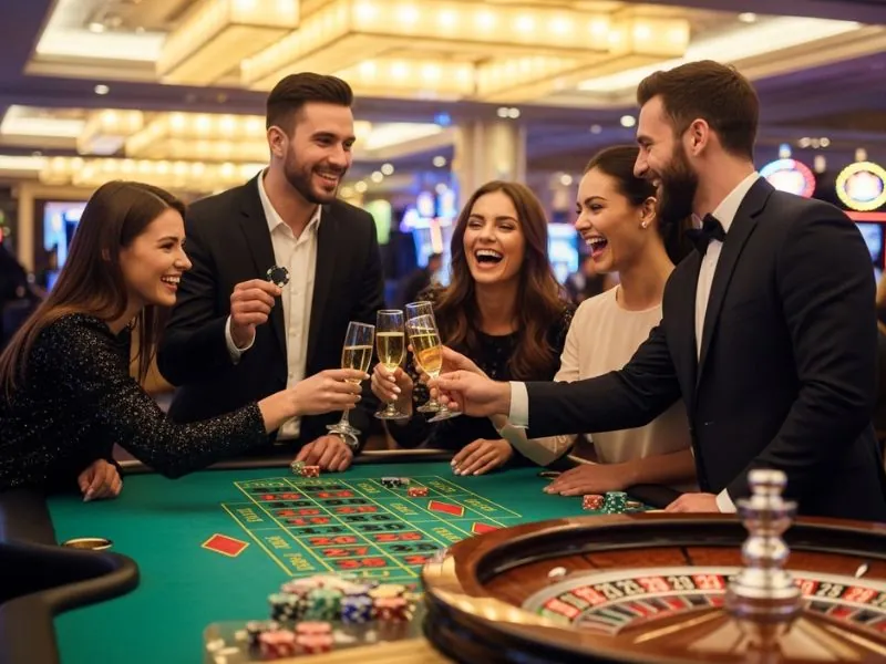 Friends clinking glasses in celebration after a roulette win at one of the 10 best online casinos.