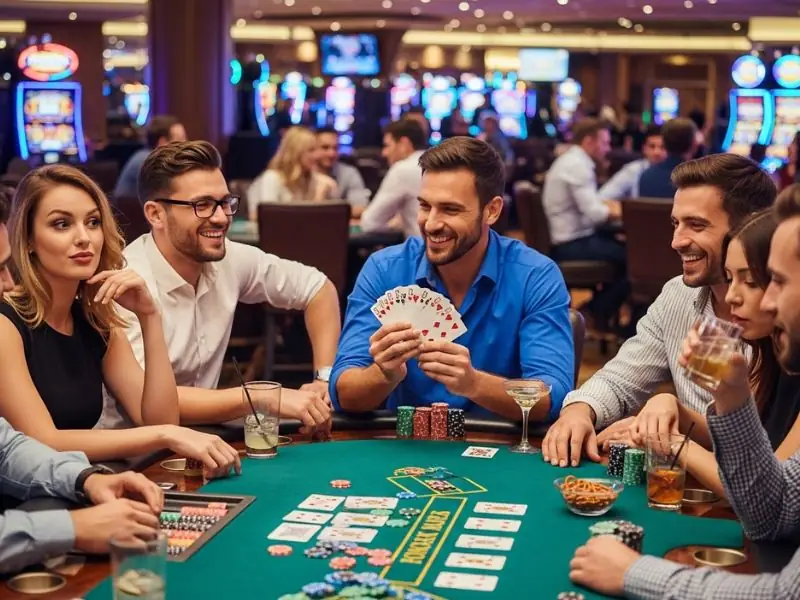 Friends enjoying a friendly poker night at one of the 10 best online casinos.
