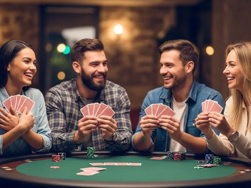 Friends smiling and holding their poker hands at one of the 10 best online casinos.