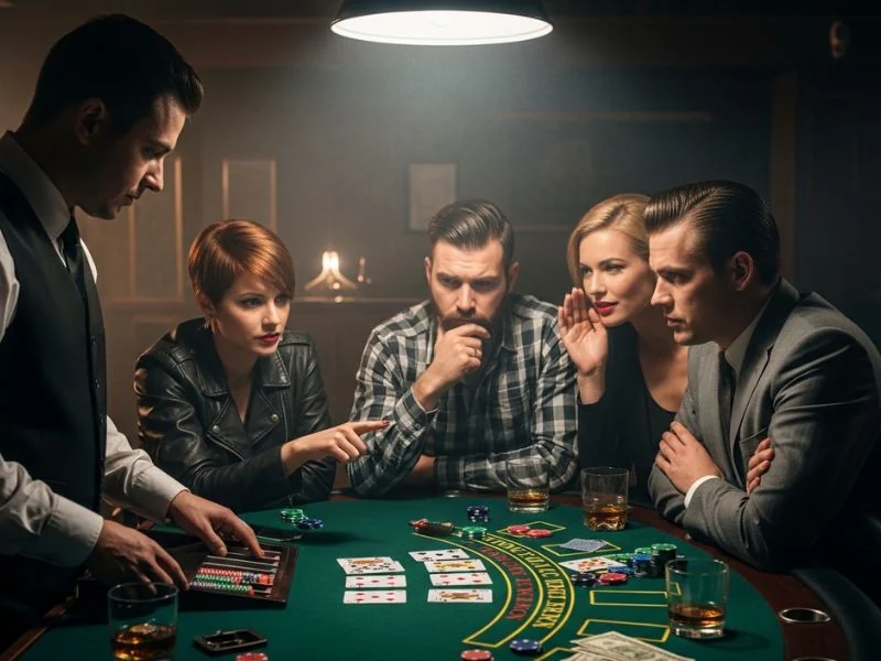 A group of friends strategizing over blackjack cards at one of the 10 best online casinos.