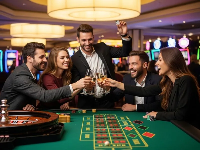 Friends clinking glasses in celebration after a roulette win at the best online casino Asia.