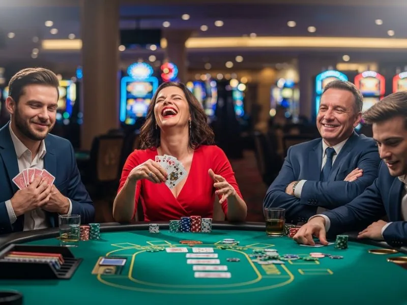 Happy players laughing while bluffing in a card game at the best online casino Asia.