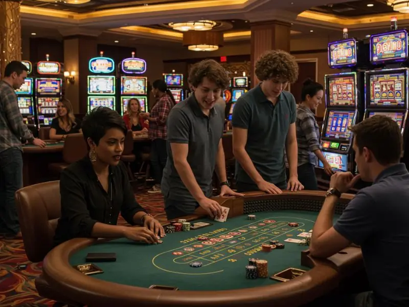 Happy friends playing with cards and chips while enjoying the best online casino bonus.