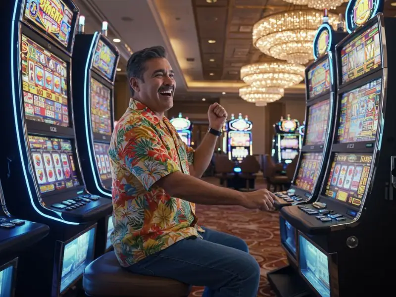 Happy man enjoying a slot machine while using the best online casino bonus.