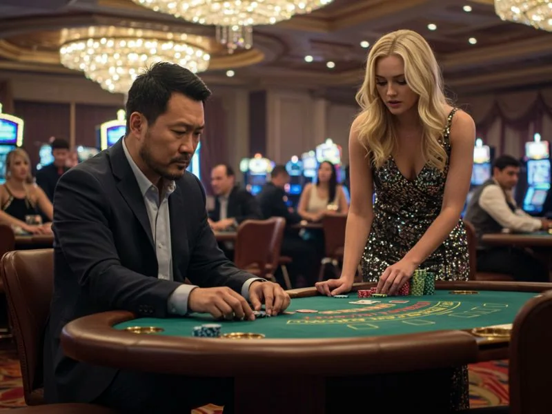 A man and woman betting seriously while enjoying the best online casino bonus.