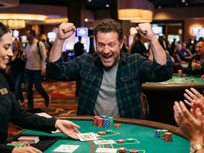 A man showing excitement while winning blackjack at the biggest online casino