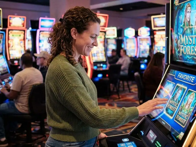 A woman selecting her favorite slot game at the biggest online casino