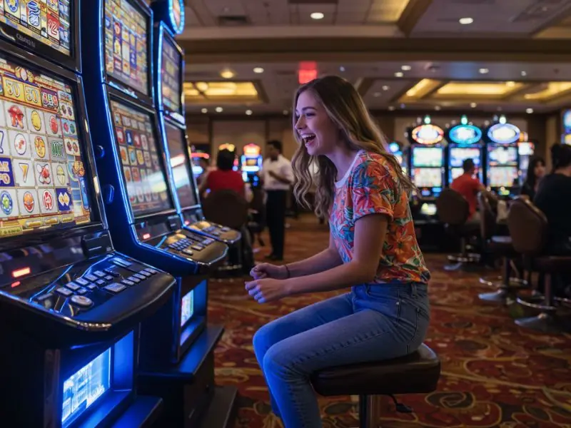 A happy girl playing and enjoying online slot games at do-888-online-casino.