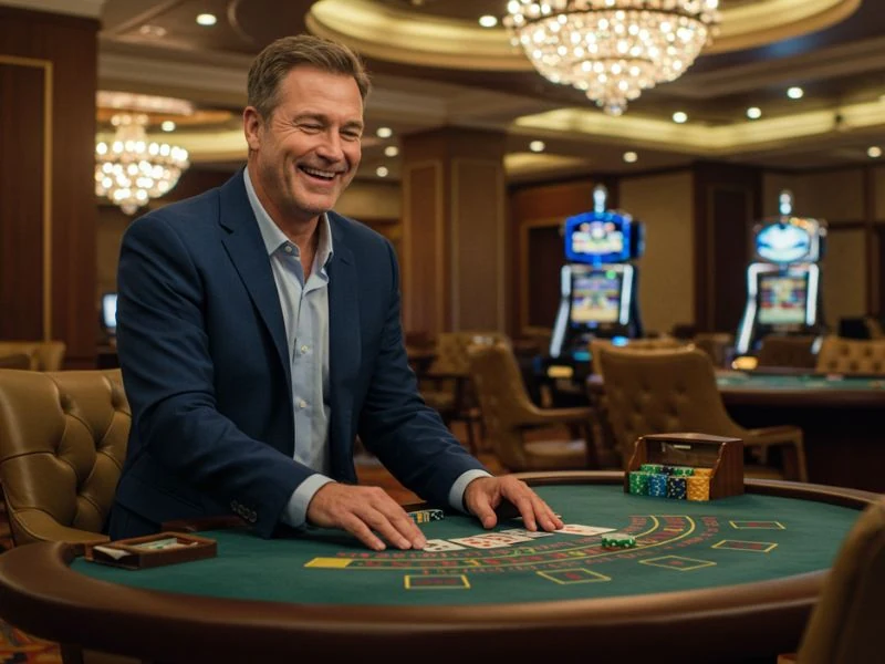 A happy man enjoying online casino betting at do-888-online-casino, smiling while placing bets.