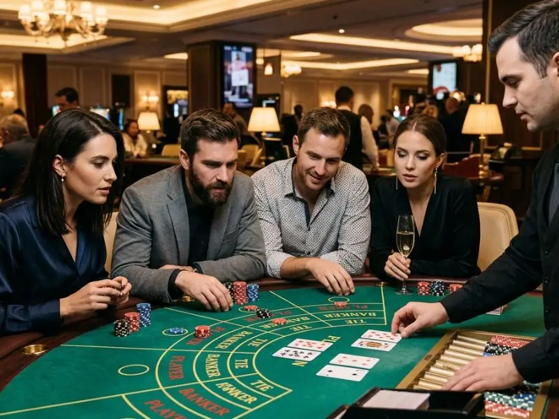 Friends concentrating on a winning hand at a baccarat table in Extreme online casino.