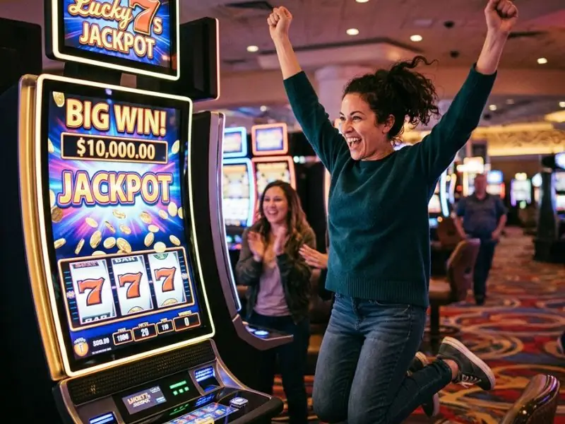 Woman jumping with joy after winning on a slot machine at Extreme online casino.