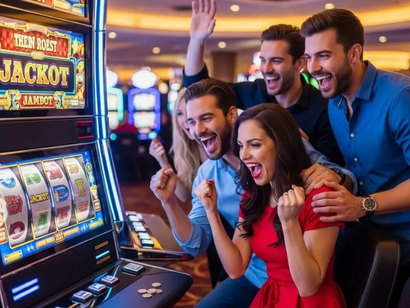 Excited friends cheering at a slot machine while playing a Mexican slot game.