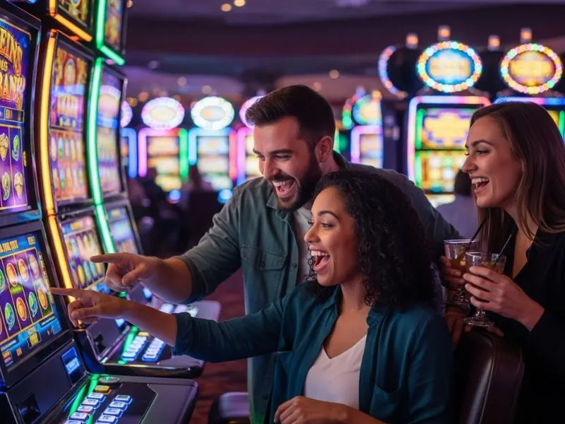 Friends enjoying a Mexican slot game surrounded by colorful lights and lively sounds.