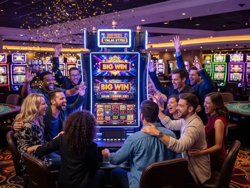 A group of friends celebrating a big win on a Mexican slot game with excitement and joy.