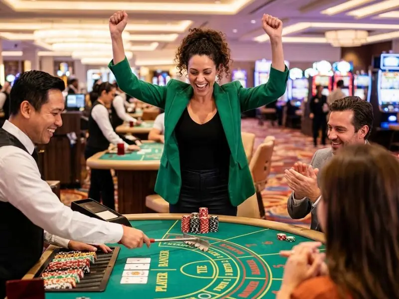 Milton 888 online casino woman cheering with excitement after winning a baccarat hand