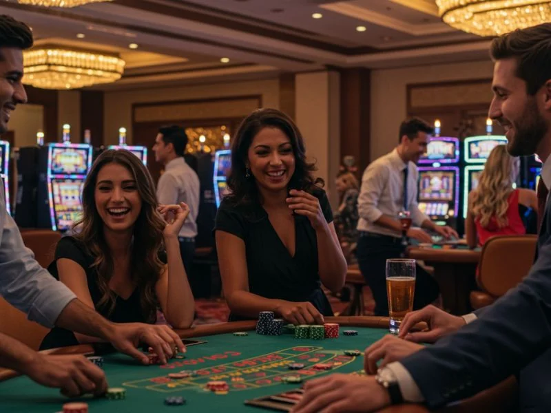 A happy circle of friends playing online casino games together after logging in at mwplay888-online-casino.